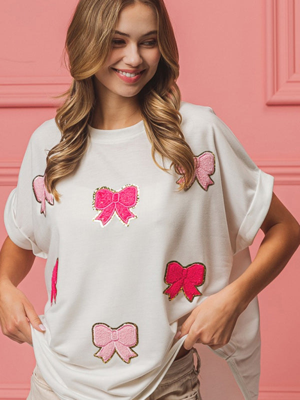 Modern short-sleeved bow sequin embroidered top