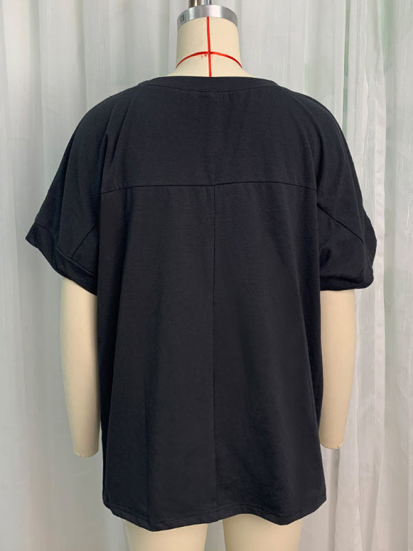 Modern English letters sequin embroidered knitted pullover short-sleeved top