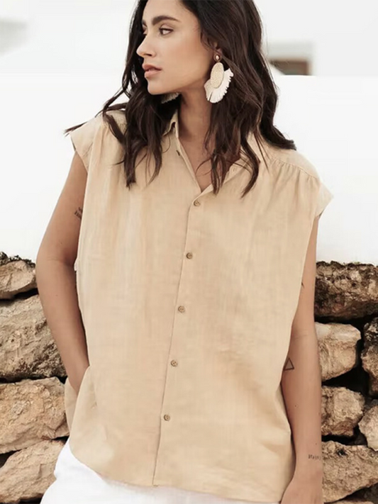 Nouveaux hauts chemises simples et décontractés en coton et lin de couleur unie sans manches 