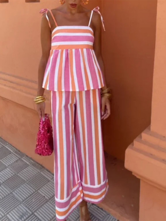 Suspender Trousers Suit Two-Piece | Color Matching Stripe Design | Pink & Blue