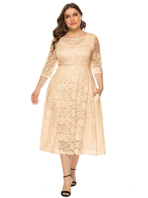 Plus size women's new evening dress bridesmaid dress lace pocket dress