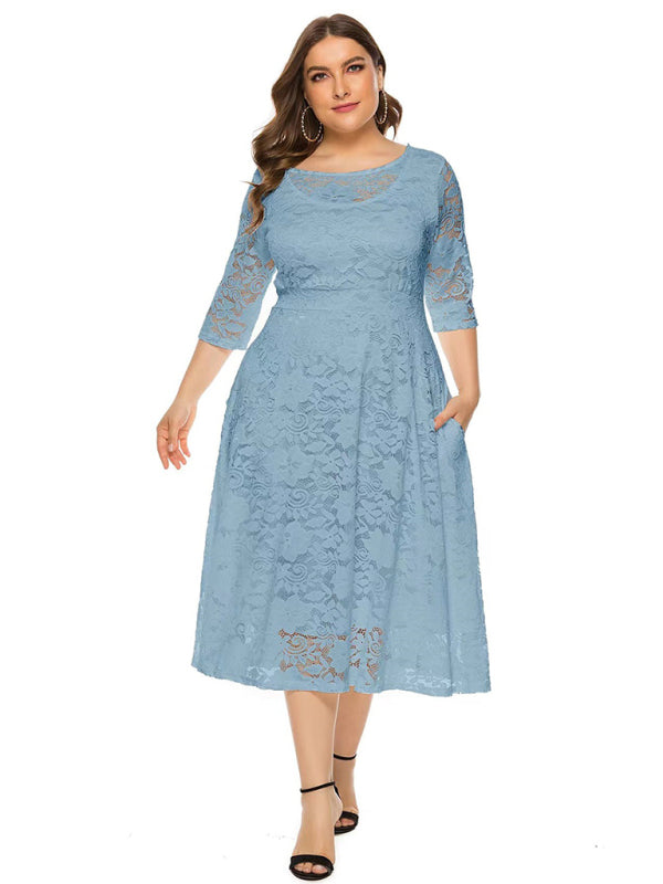 Plus size women's new evening dress bridesmaid dress lace pocket dress