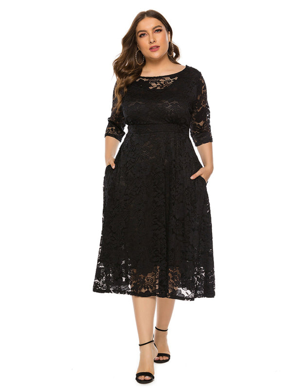 Plus size women's new evening dress bridesmaid dress lace pocket dress