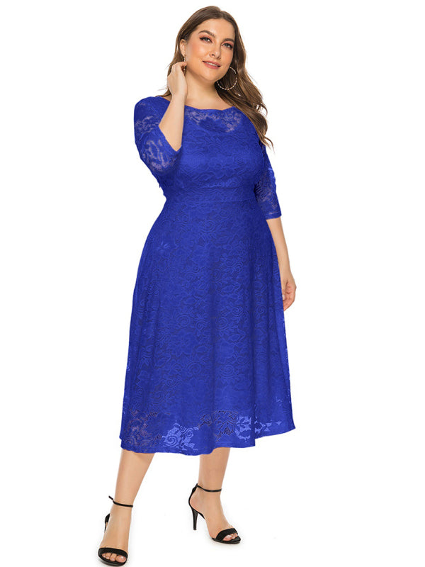 Plus size women's new evening dress bridesmaid dress lace pocket dress