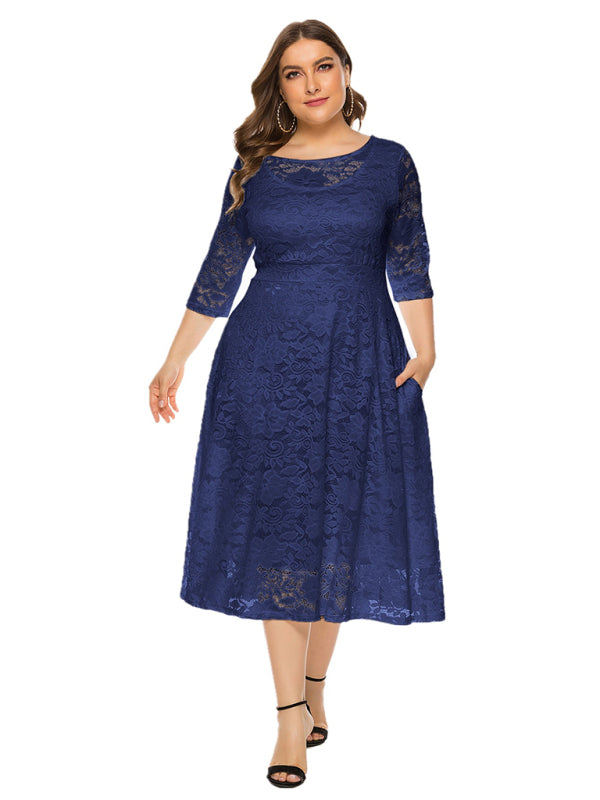 Plus size women's new evening dress bridesmaid dress lace pocket dress