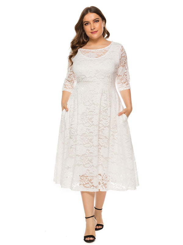 Plus size women's new evening dress bridesmaid dress lace pocket dress