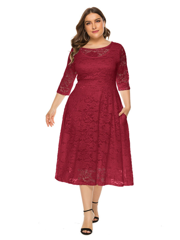 Plus size women's new evening dress bridesmaid dress lace pocket dress