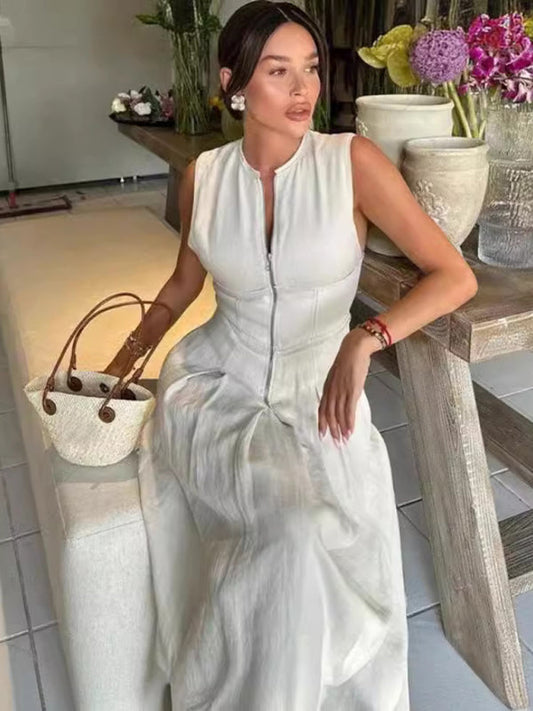 Modern Sleeveless V-neck Casual Temperament Commuter Waist Zipper Neck Dress