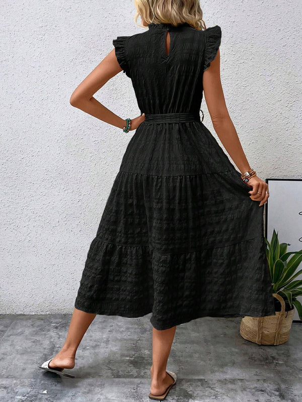 Ruffled Flying Sleeve Lace-Up Textured Dress - Spring Summer Fashion
