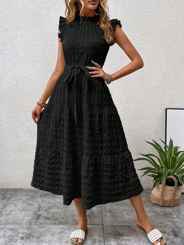 Ruffled Flying Sleeve Lace-Up Textured Dress - Spring Summer Fashion
