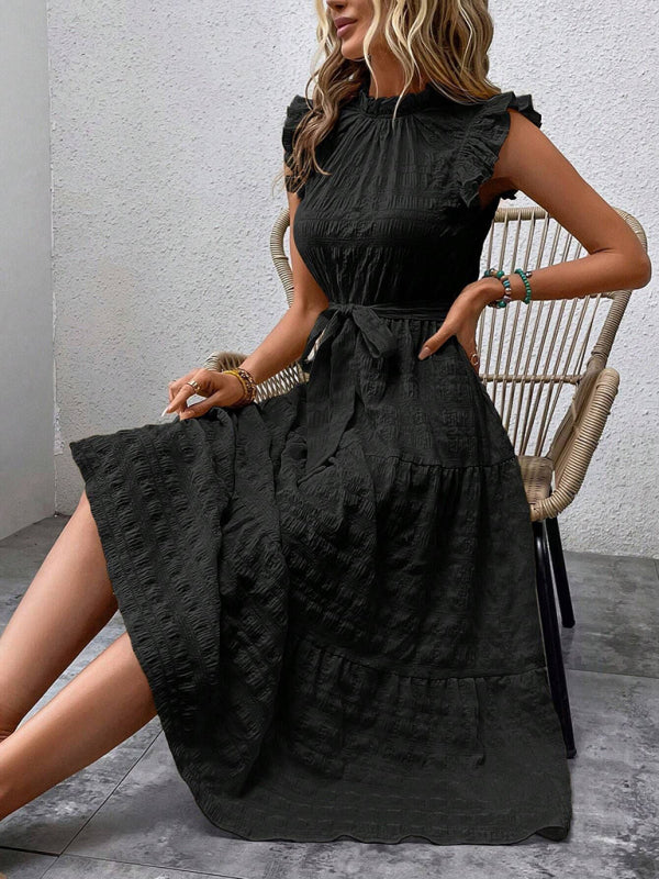 Ruffled Flying Sleeve Lace-Up Textured Dress - Spring Summer Fashion