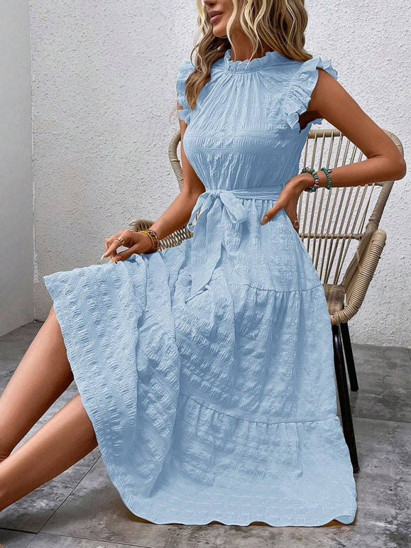 Ruffled Flying Sleeve Lace-Up Textured Dress - Spring Summer Fashion