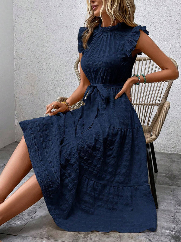 Ruffled Flying Sleeve Lace-Up Textured Dress - Spring Summer Fashion