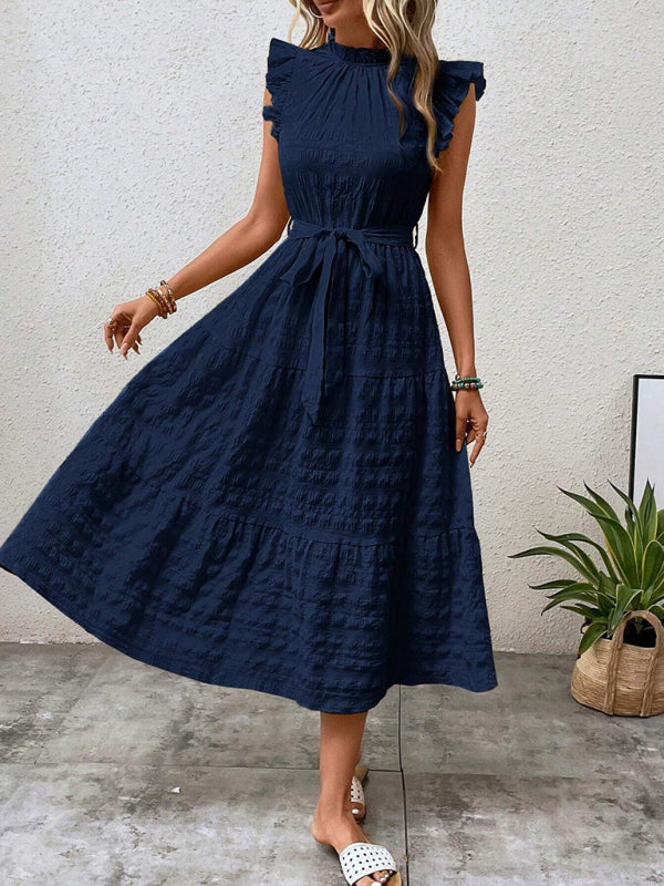 Ruffled Flying Sleeve Lace-Up Textured Dress - Spring Summer Fashion