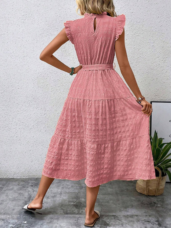 Ruffled Flying Sleeve Lace-Up Textured Dress - Spring Summer Fashion