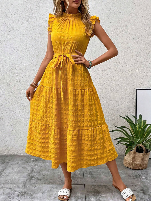 Ruffled Flying Sleeve Lace-Up Textured Dress - Spring Summer Fashion