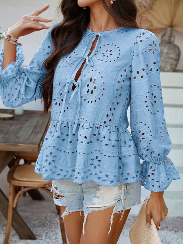 Lace-Up Cardigan with Hollow Details - Loose Vacation Top for Women