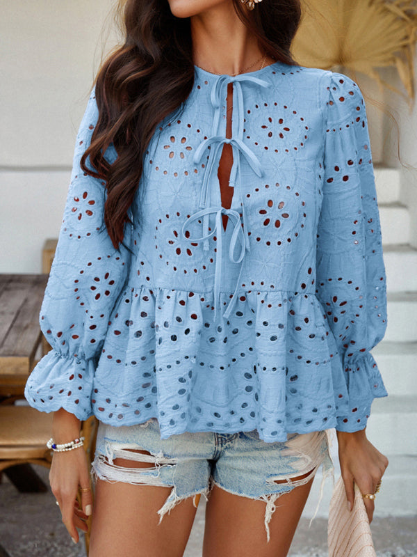 Lace-Up Cardigan with Hollow Details - Loose Vacation Top for Women