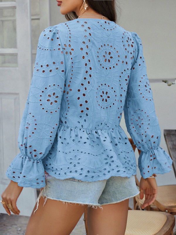 Lace-Up Cardigan with Hollow Details - Loose Vacation Top for Women