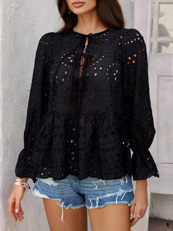 Lace-Up Cardigan with Hollow Details - Loose Vacation Top for Women
