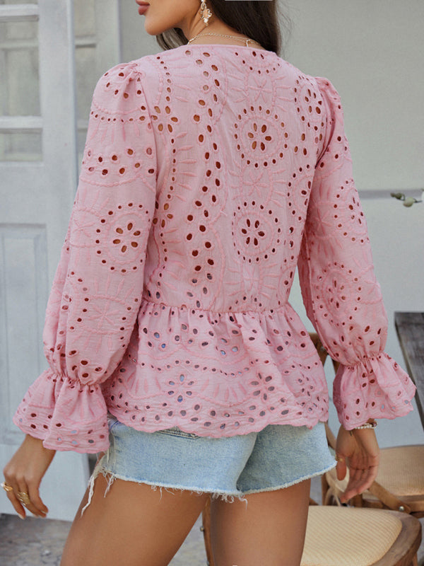 Lace-Up Cardigan with Hollow Details - Loose Vacation Top for Women