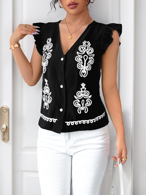 Ethnic Print V-Neck Cardigan - Flutter Sleeve Vest Top for Women