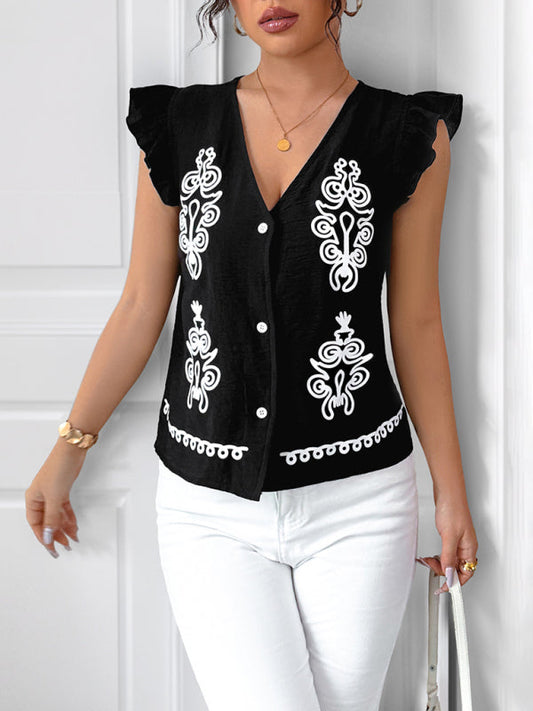Ethnic Print V-Neck Cardigan - Flutter Sleeve Vest Top for Women