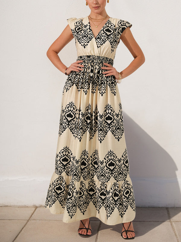Modern style holiday style printed dress ethnic casual V-neck high waist flying sleeve long dress