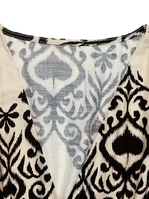 Modern style holiday style printed dress ethnic casual V-neck high waist flying sleeve long dress