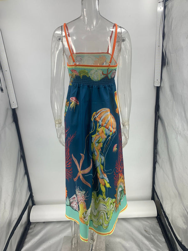 Modern holiday swing graffiti cotton and linen sleeveless suspender dress