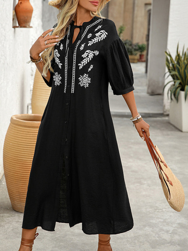 Casual personality ethnic style loose five-point sleeve embroidered dress