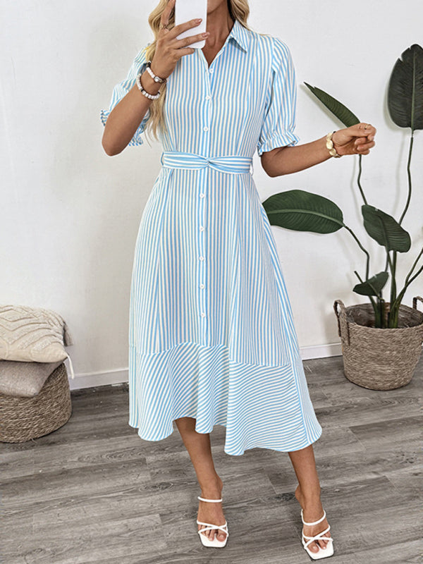 Shirt-style puff sleeve lapel striped dress