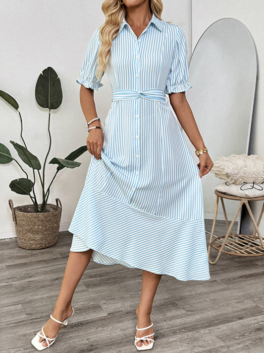 Shirt-style puff sleeve lapel striped dress