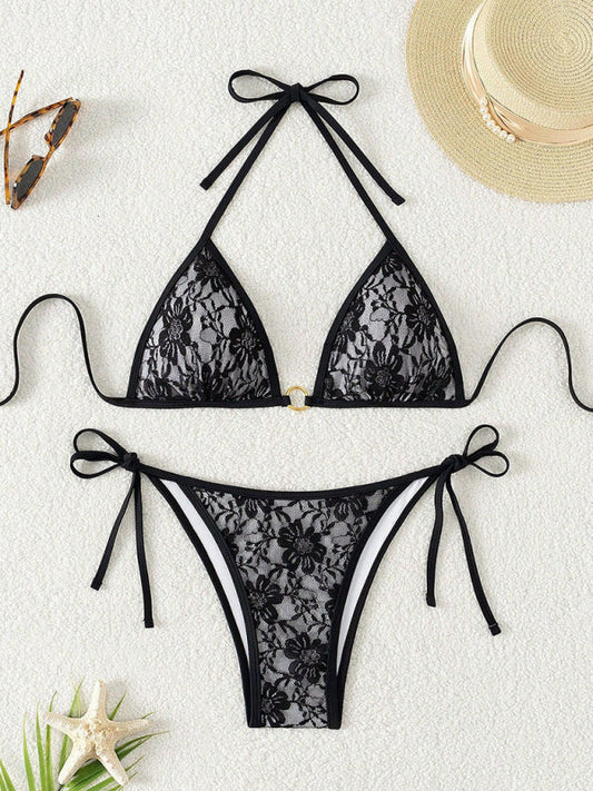 Black lace halter bikini