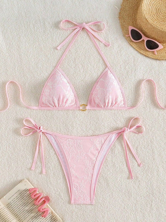 Bikini dos nu en dentelle blanche et rose 