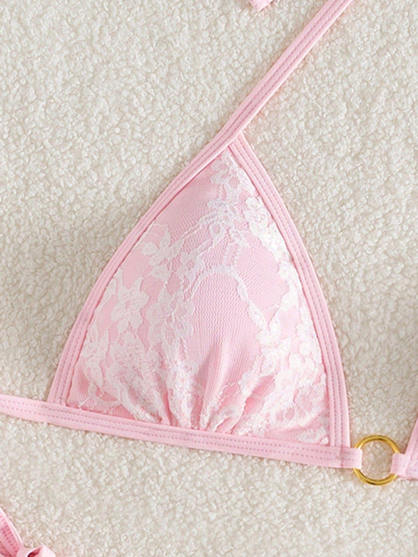 Bikini dos nu en dentelle blanche et rose
