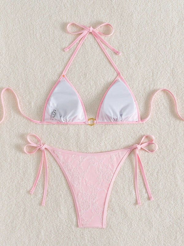 Bikini dos nu en dentelle blanche et rose 