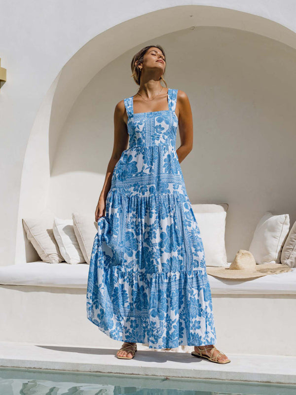Blue floral print bohemian holiday beach dress loose suspender dress