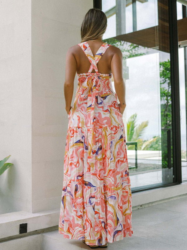 Orange floral print bohemian holiday beach dress loose suspender dress