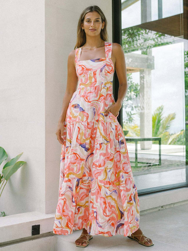 Orange floral print bohemian holiday beach dress loose suspender dress