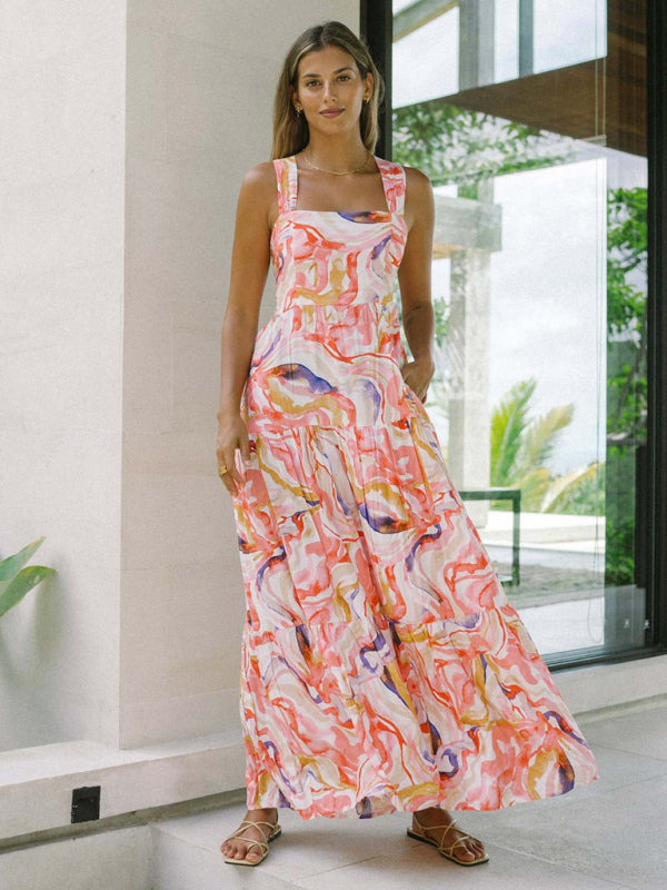 Orange floral print bohemian holiday beach dress loose suspender dress