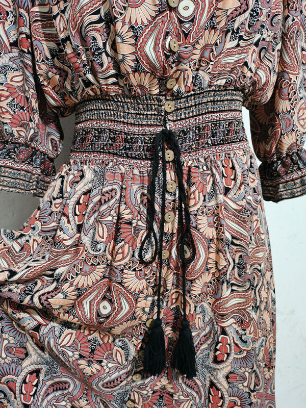 Three-quarter sleeve waisted Bohemian casual holiday beach dress