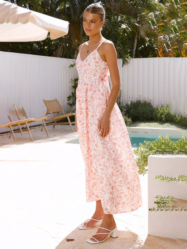 Modern V-neck waist holiday long dress sexy backless bow tie dress