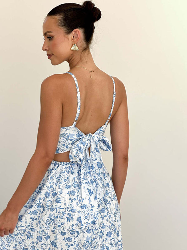 Modern V-neck waist holiday long dress sexy backless bow tie dress