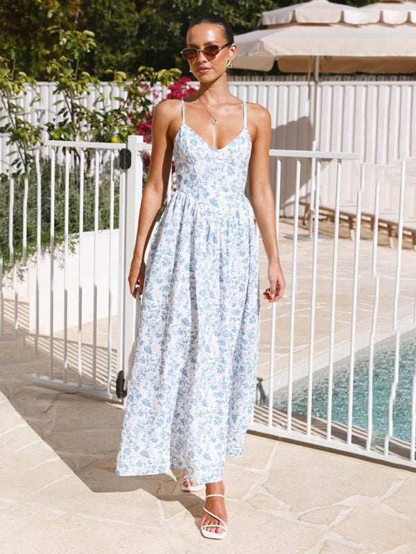 Modern V-neck waist holiday long dress sexy backless bow tie dress