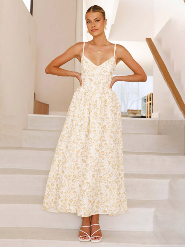 Modern V-neck waist holiday long dress sexy backless bow tie dress