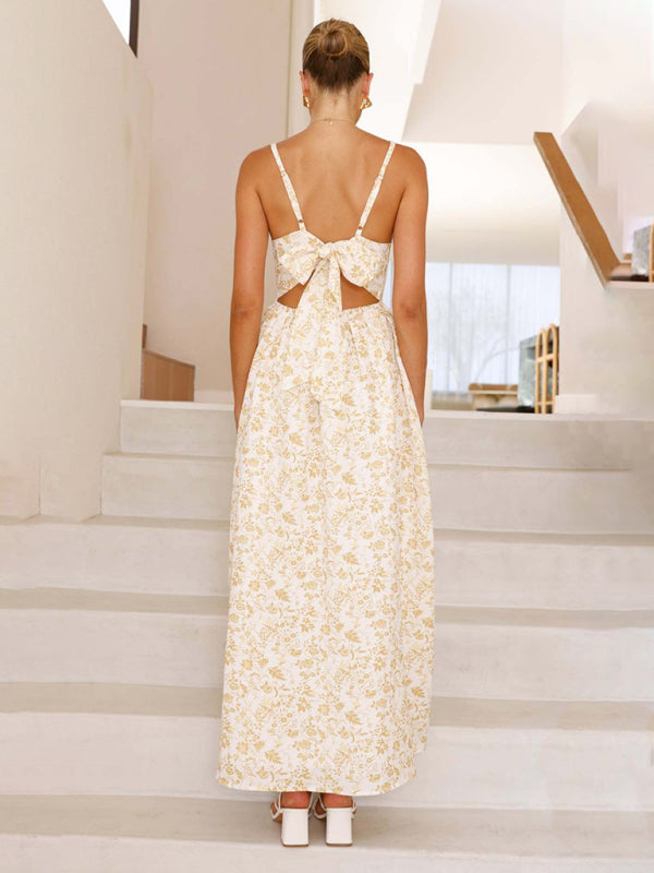 Modern V-neck waist holiday long dress sexy backless bow tie dress