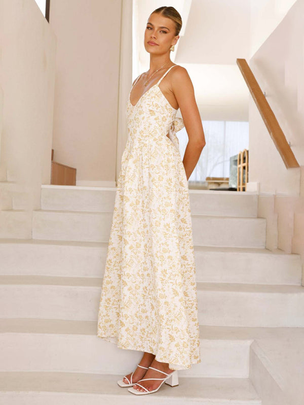 Modern V-neck waist holiday long dress sexy backless bow tie dress