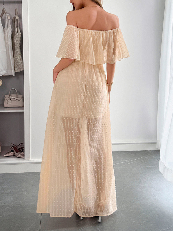 Elegant Strapless Waisted Short Sleeve Long Dress