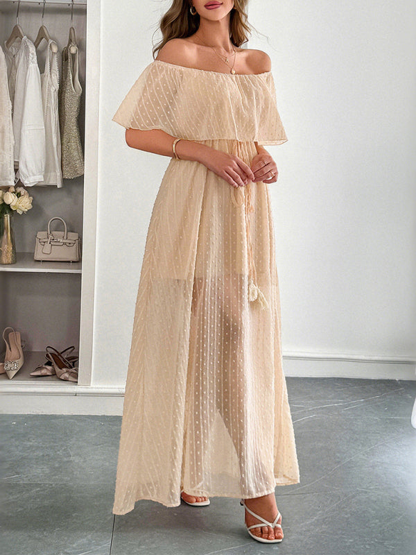 Elegant Strapless Waisted Short Sleeve Long Dress